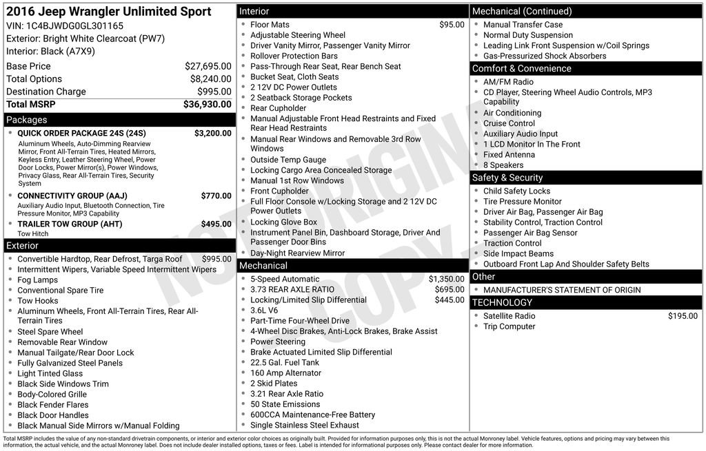 Used 2016 Jeep Wrangler Unlimited Sport w/ Quick Order Package 24S AWD/4WD image 34