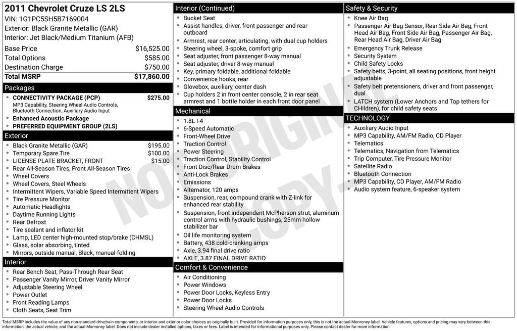 Used 2011 Chevrolet Cruze LS w/ Connectivity Package FWD image 2