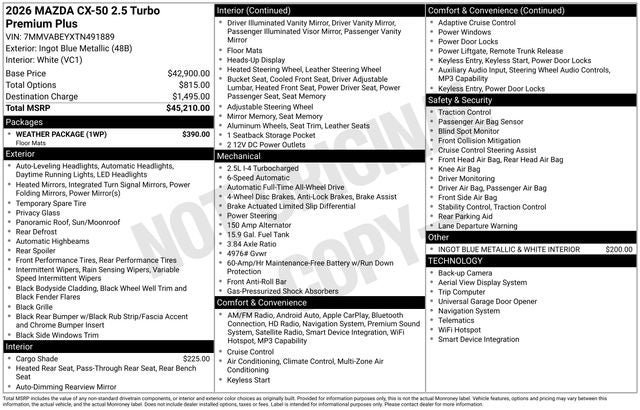 New 2026 MAZDA CX-50 2.5 Turbo w/ Weather Package AWD/4WD image 37