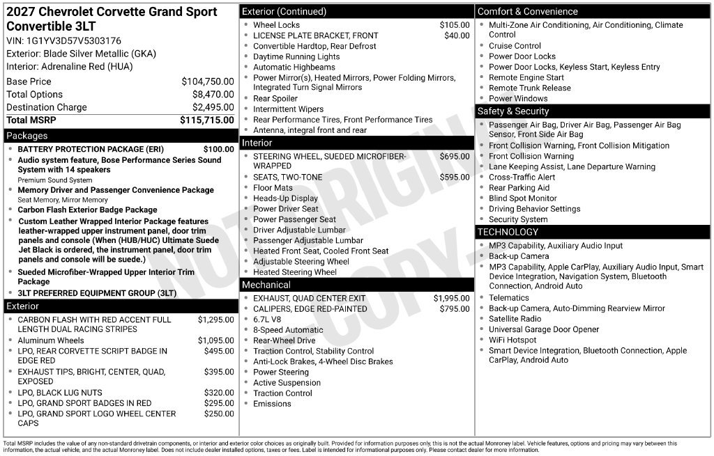New 2027 Chevrolet Corvette Grand Sport w/ Battery Protection Package RWD image 6
