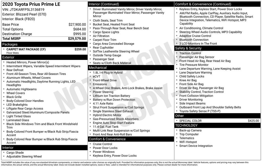 Used 2020 Toyota Prius Prime LE w/ Carpet Mat Package FWD image 17