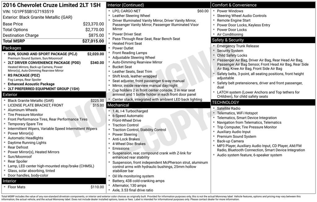 Used 2016 Chevrolet Cruze LT w/ Sun, Sound and Sport Package FWD image 25