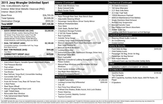Used 2015 Jeep Wrangler Unlimited Sport w/ Quick Order Package 24S AWD/4WD image 20