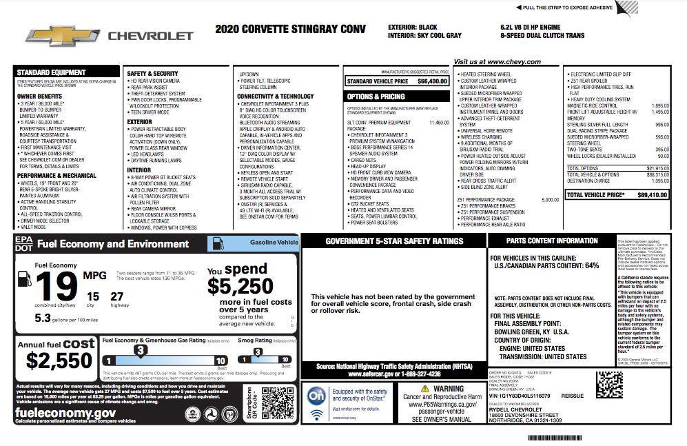 Used 2020 Chevrolet Corvette Stingray Premium Conv w/ 3LT Preferred Equipment Group RWD image 5