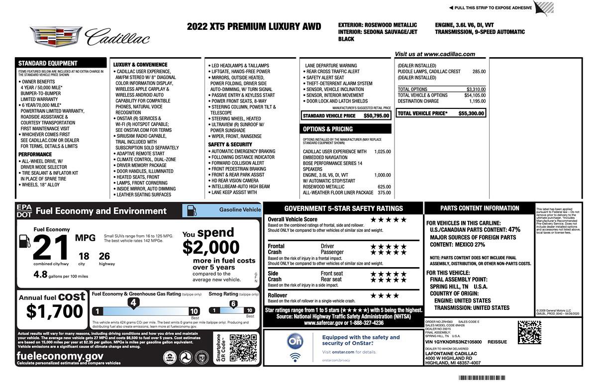 Used 2022 Cadillac XT5 Premium Luxury w/ LPO, Floor Liner Package image 13