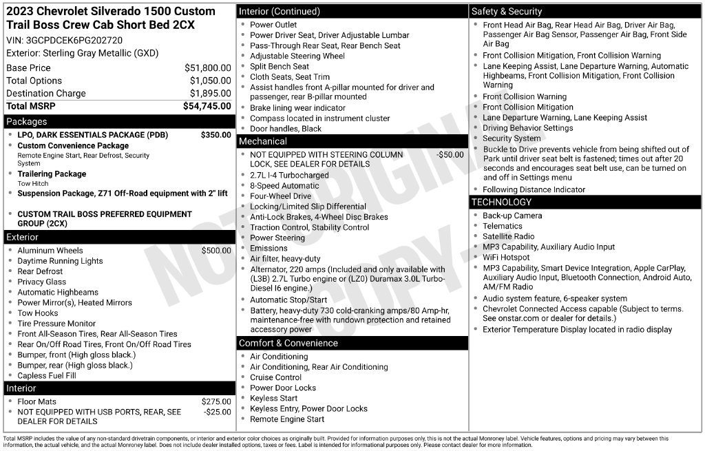 Used 2023 Chevrolet Silverado 1500 Custom Trail Boss w/ LPO, Dark Essentials Package AWD/4WD image 3