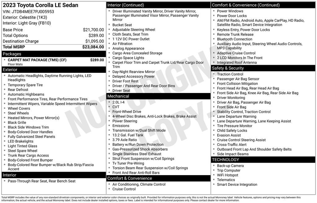 Certified 2023 Toyota Corolla LE w/ Carpet Mat Package (TMS) FWD image 22