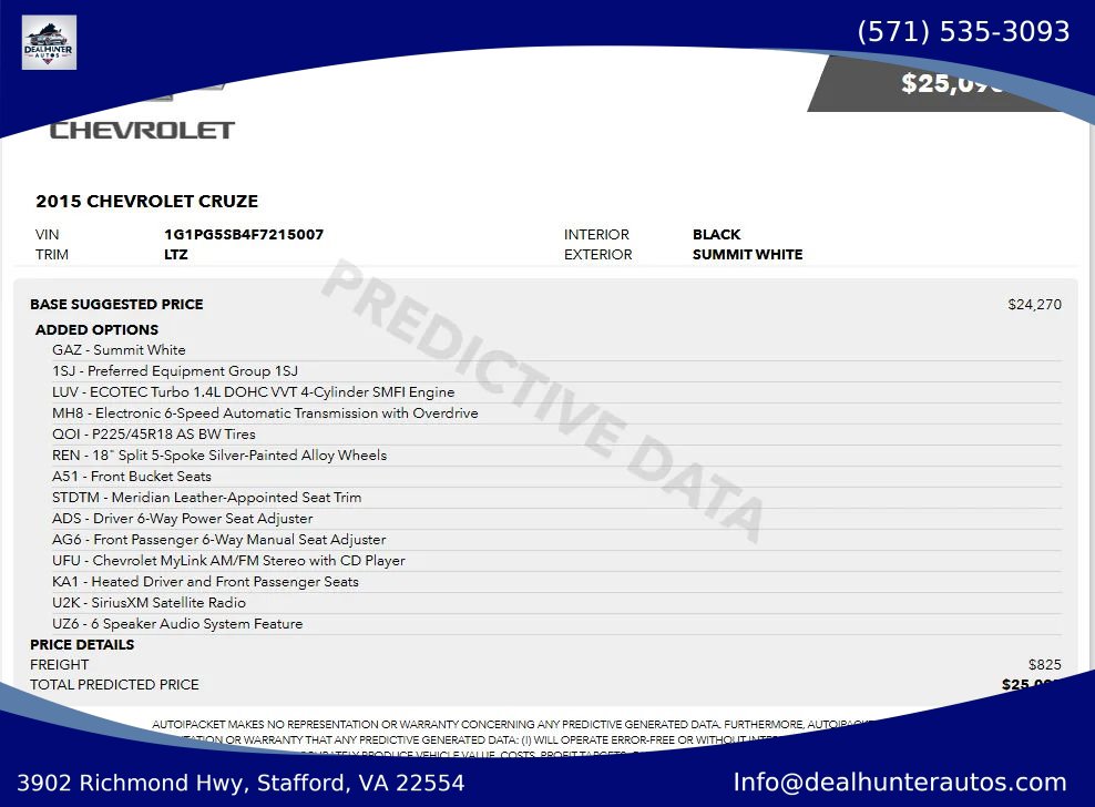 Used 2015 Chevrolet Cruze LTZ w/ Sun, Sound and Sport Package FWD image 2