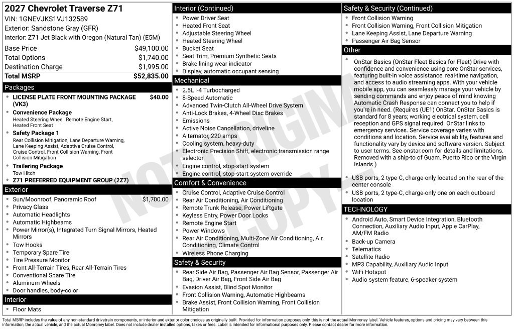 New 2027 Chevrolet Traverse Z71 AWD/4WD image 3