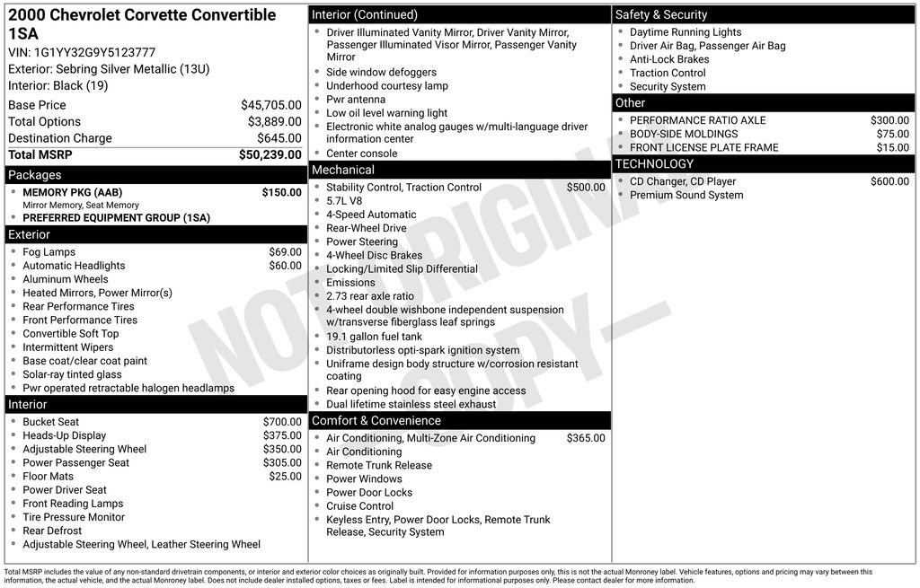 Used 2000 Chevrolet Corvette Convertible w/ Memory Pkg RWD image 3