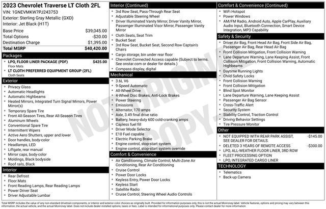 Used 2023 Chevrolet Traverse LT w/ LPO, Floor Liner Package AWD/4WD image 36