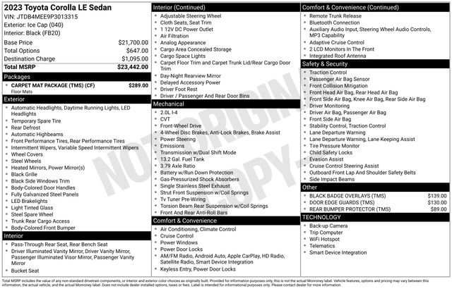 Certified 2023 Toyota Corolla LE w/ Carpet Mat Package (TMS) FWD image 7