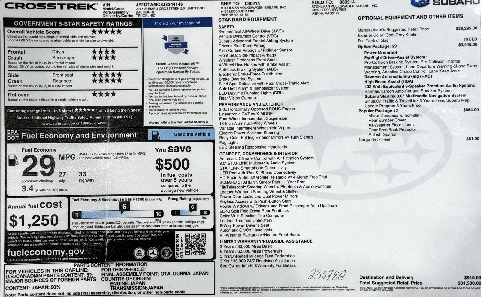 Used 2018 Subaru Crosstrek 2.0i Limited image 65