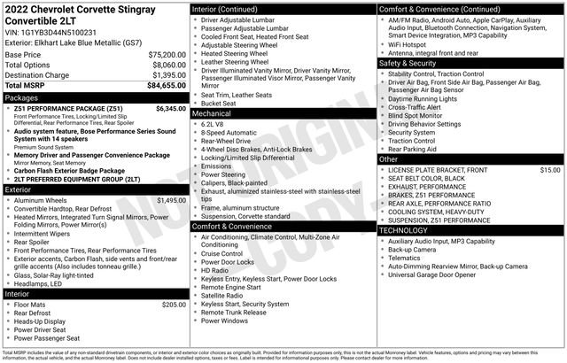 Used 2022 Chevrolet Corvette Stingray Preferred Conv w/ Z51 Performance Package RWD image 5