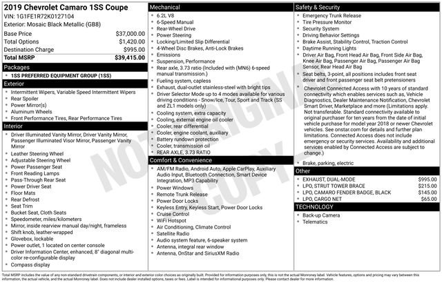 Used 2019 Chevrolet Camaro SS RWD image 3