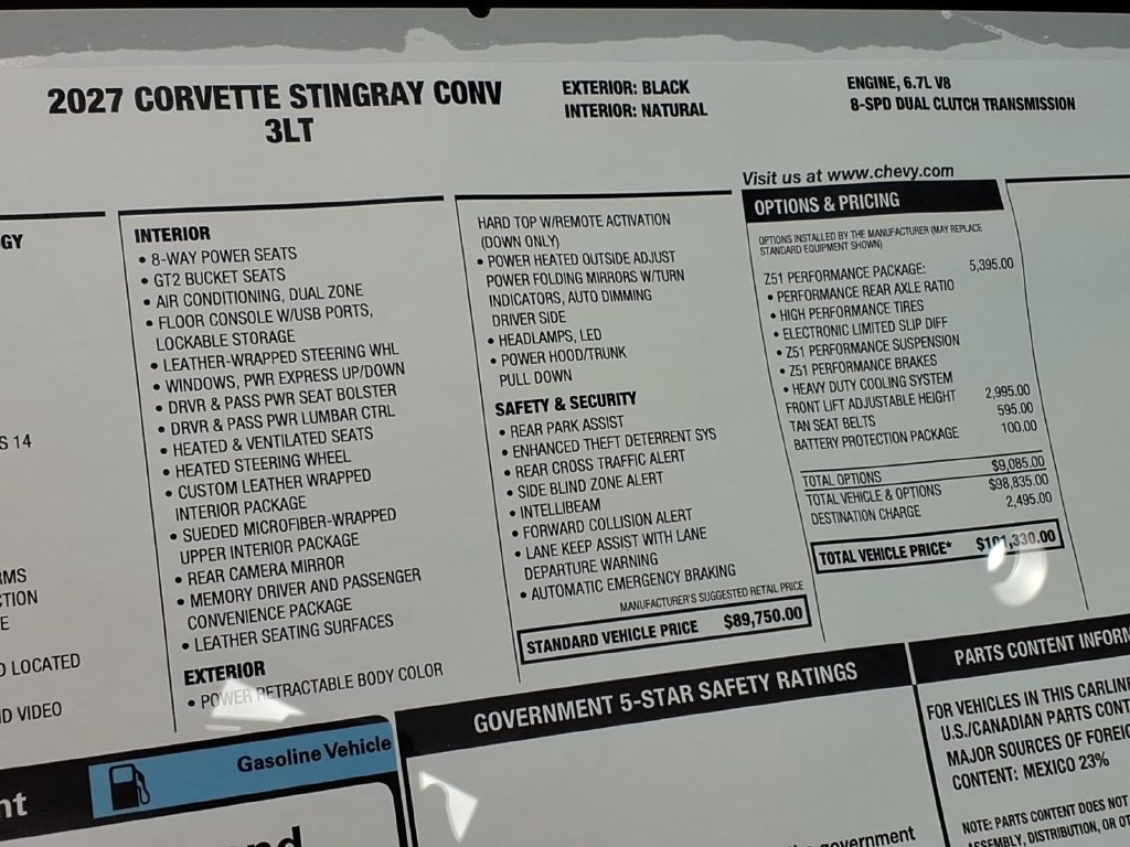 New 2027 Chevrolet Corvette Stingray Convertible w/ Z51 Performance Package RWD image 29