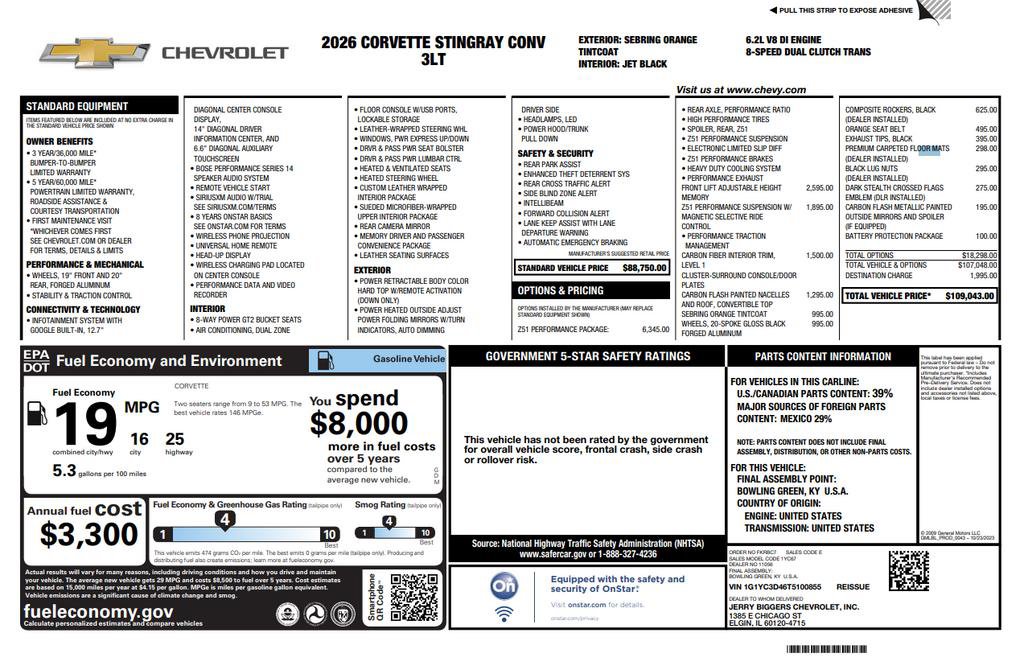 New 2026 Chevrolet Corvette Stingray Premium Conv w/ Z51 Performance Package image 11