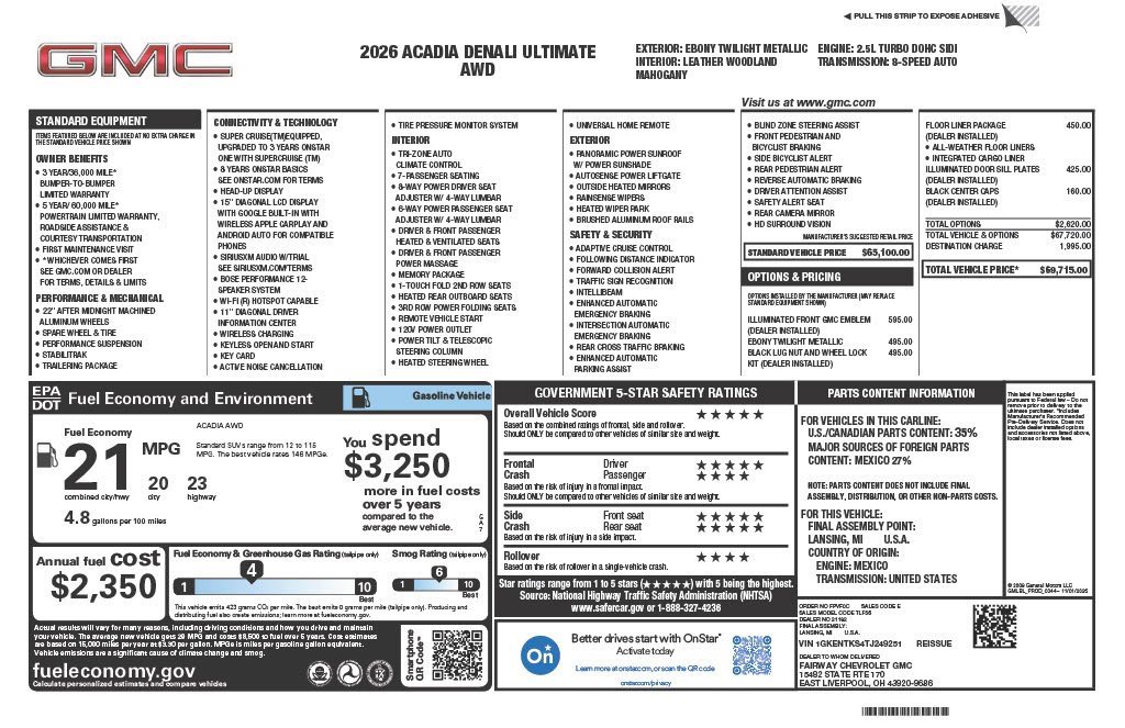 New 2026 GMC Acadia Denali Ultimate w/ LPO, Floor Liner Package image 4