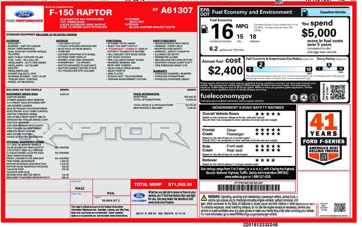 Used 2019 Ford F150 Raptor w/ Equipment Group 802A Luxury AWD/4WD image 2