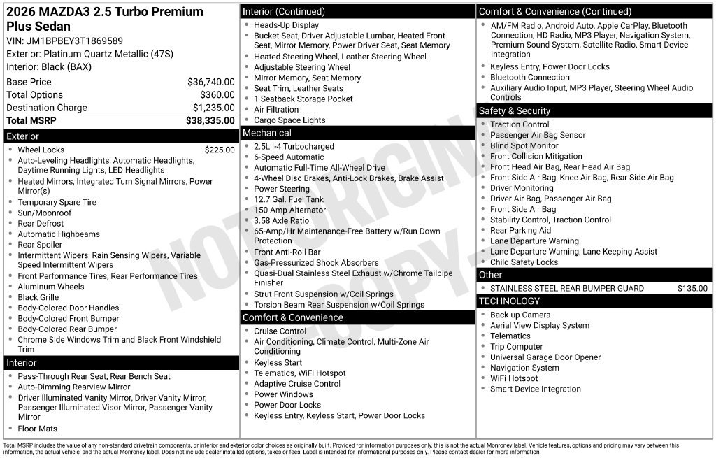 New 2026 MAZDA MAZDA3 2.5 Turbo Sedan w/Premium Plus AWD/4WD image 3