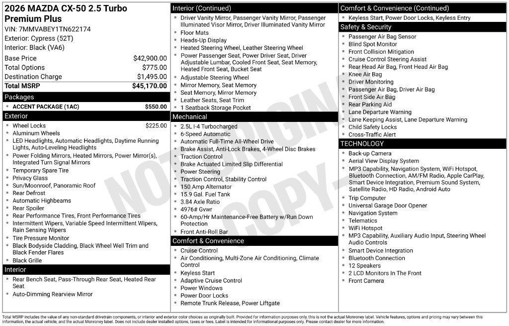New 2026 MAZDA CX-50 2.5 Turbo w/ Accent Package AWD/4WD image 10