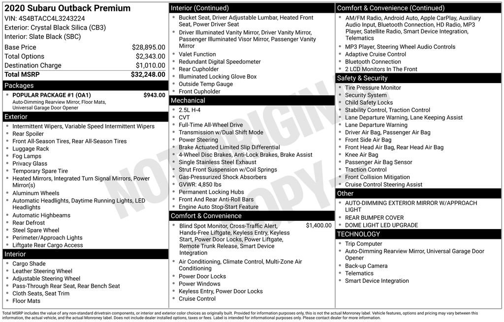 Used 2020 Subaru Outback Premium w/ Popular Package #1 AWD/4WD image 2