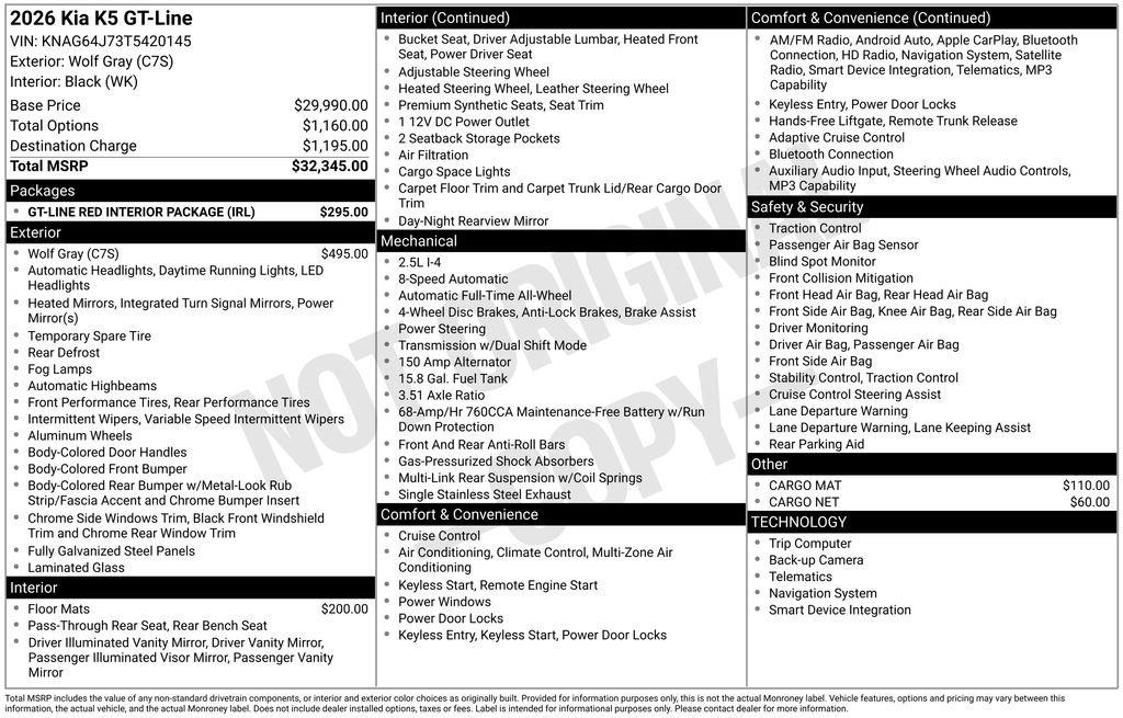 New 2026 Kia K5 GT-Line w/ GT-Line Red Interior Package image 6