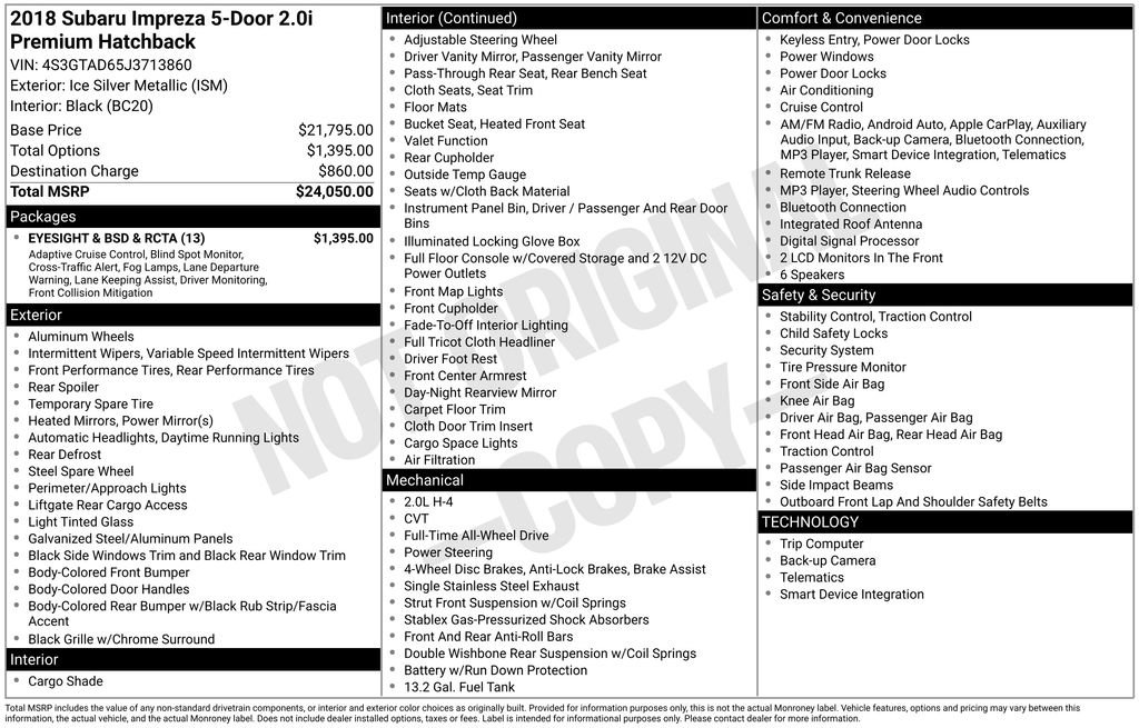 Used 2018 Subaru Impreza 2.0i Premium w/ Eyesight & BSD & Rcta image 3