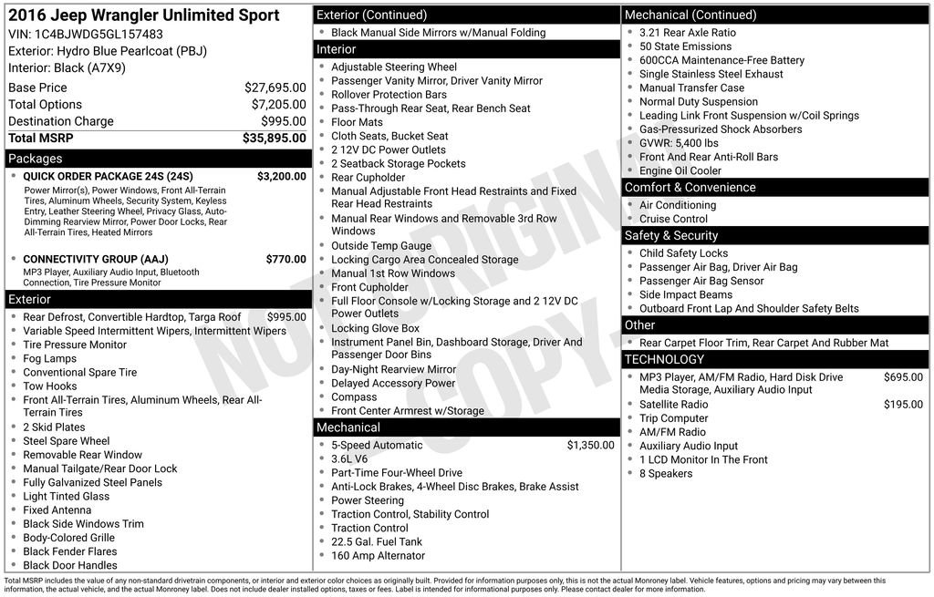 Used 2016 Jeep Wrangler Unlimited Sport w/ Quick Order Package 24S AWD/4WD image 6