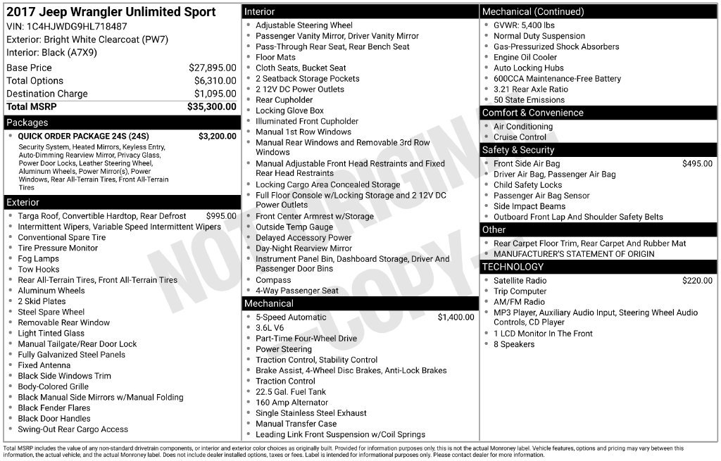Used 2017 Jeep Wrangler Unlimited Sport w/ Quick Order Package 24S AWD/4WD image 31