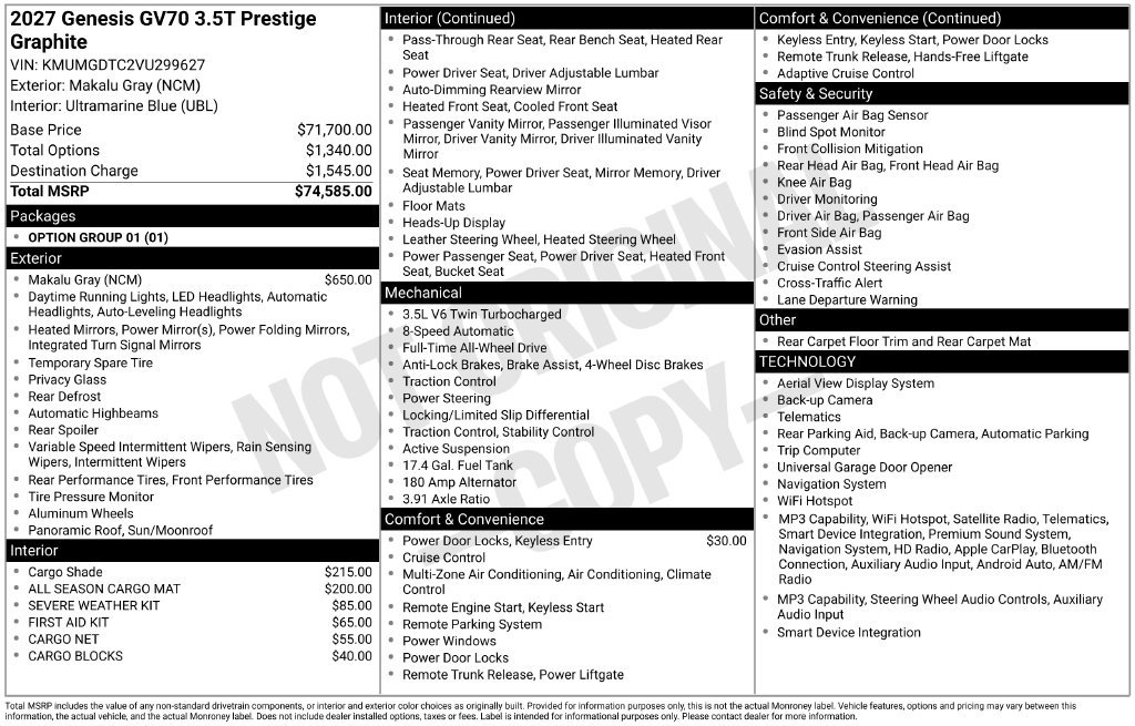 New 2027 Genesis GV70 3.5T Prestige AWD/4WD image 16