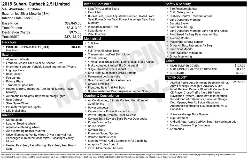 Used 2019 Subaru Outback 2.5i Limited w/ Protection Package #1 image 33