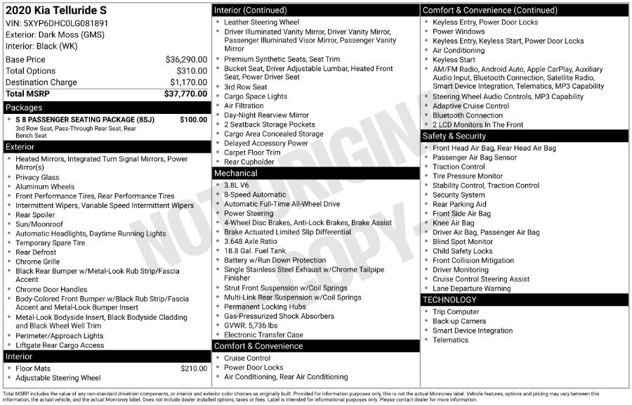 Used 2020 Kia Telluride S w/ S 8 Passenger Seating Package image 2