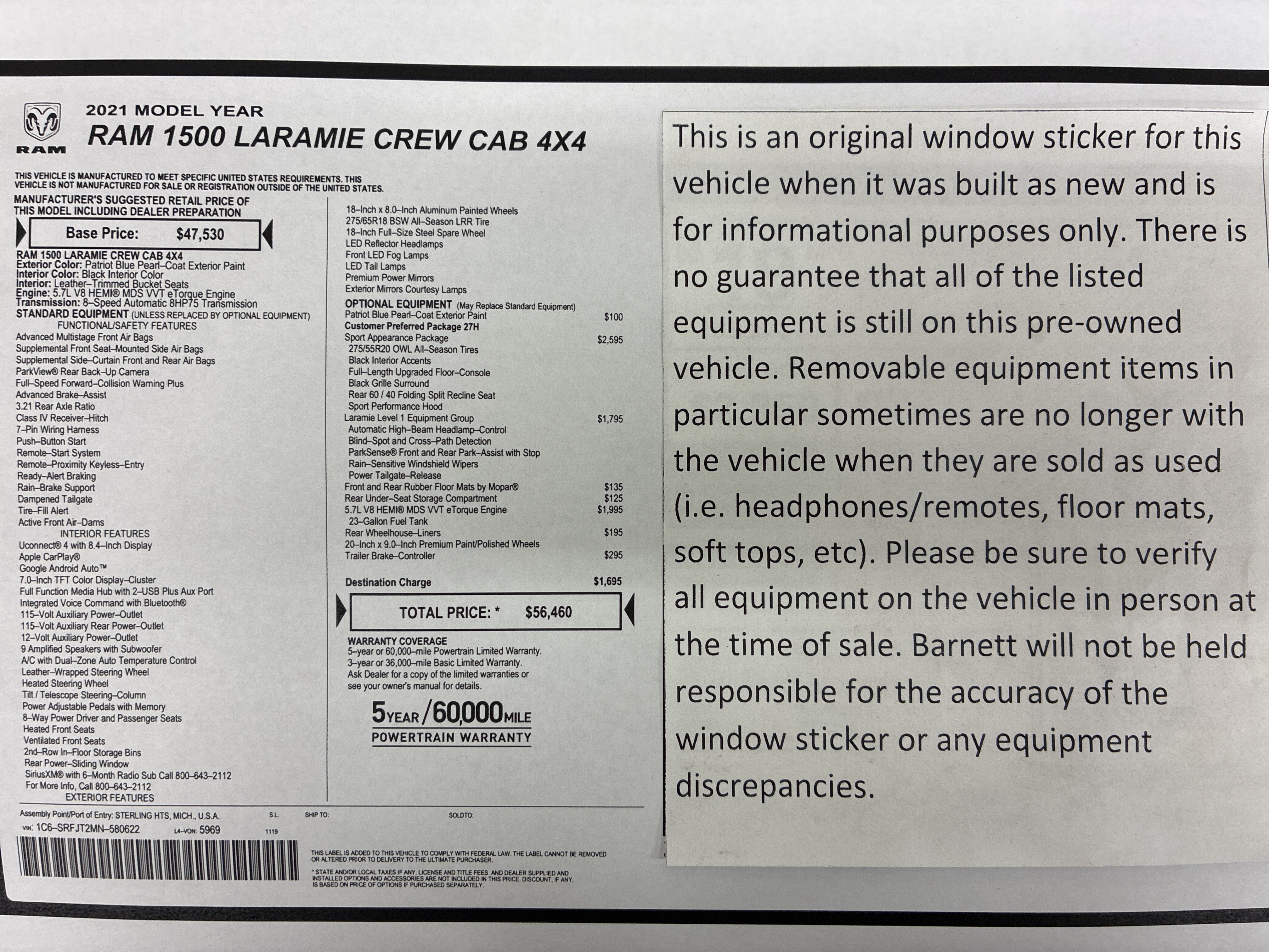 Used 2021 RAM 1500 Laramie w/ Sport Appearance Package AWD/4WD image 2