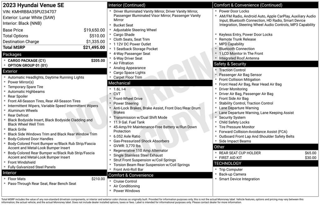 Used 2023 Hyundai Venue SE w/ Cargo Package FWD image 3