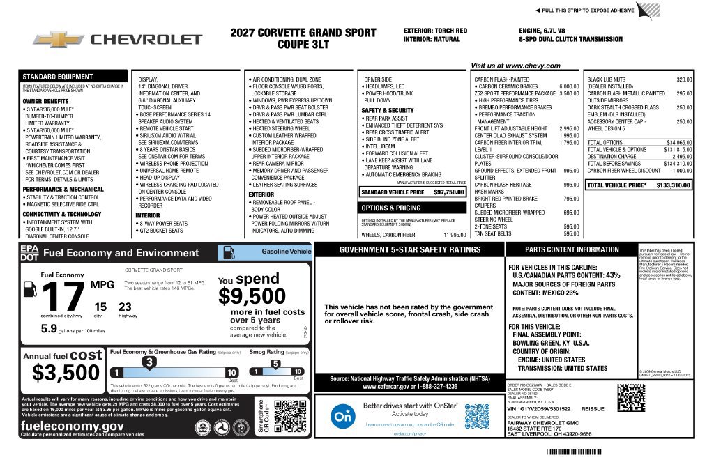 New 2027 Chevrolet Corvette Grand Sport w/ Z52 Sport Performance Package RWD image 5