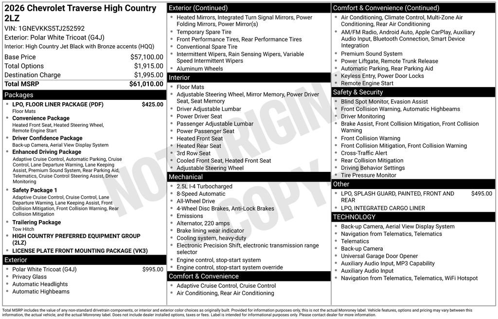 New 2026 Chevrolet Traverse High Country w/ LPO, Floor Liner Package AWD/4WD image 6