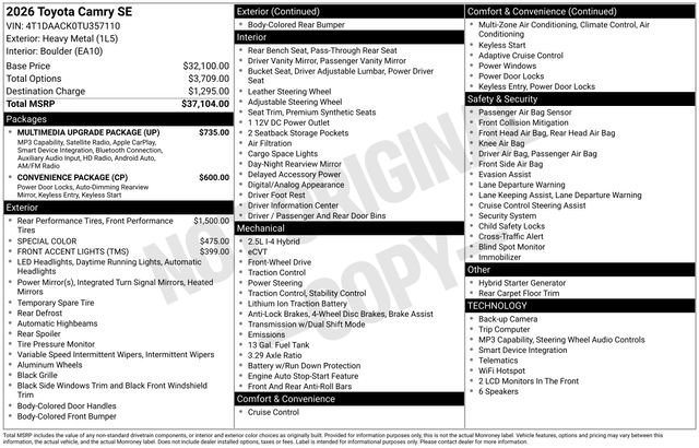 New 2026 Toyota Camry SE w/ Multimedia Upgrade Package FWD image 15