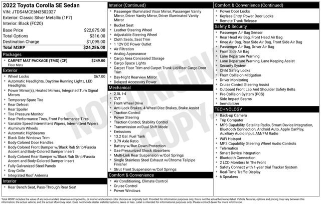 Used 2022 Toyota Corolla SE w/ Carpet Mat Package (TMS) FWD image 6