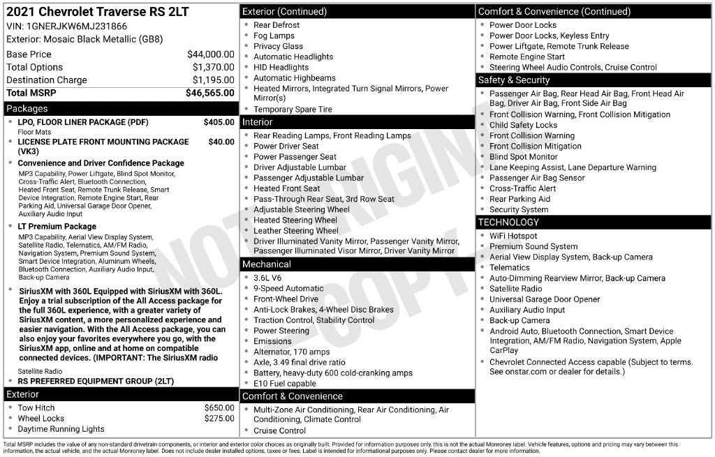 Used 2021 Chevrolet Traverse RS w/ LPO, Floor Liner Package FWD image 42