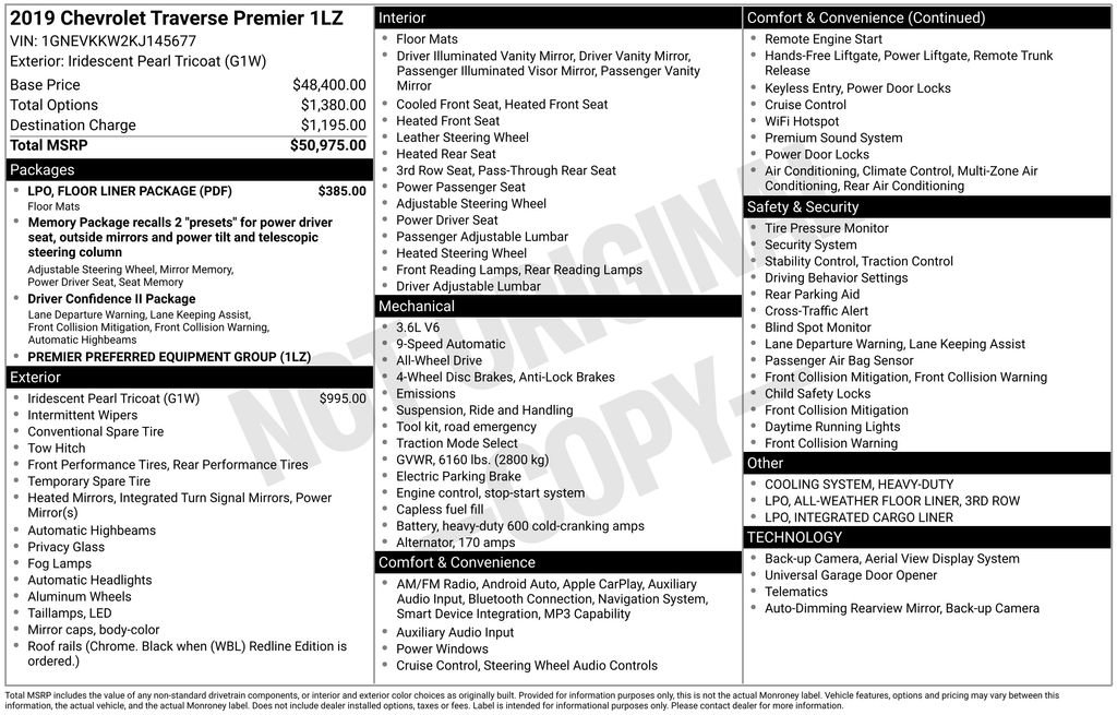 Used 2019 Chevrolet Traverse Premier w/ LPO, Floor Liner Package AWD/4WD image 42
