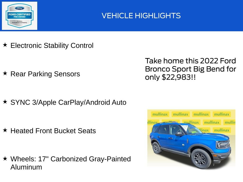 Certified 2022 Ford Bronco Sport Big Bend w/ Convenience Package AWD/4WD image 19