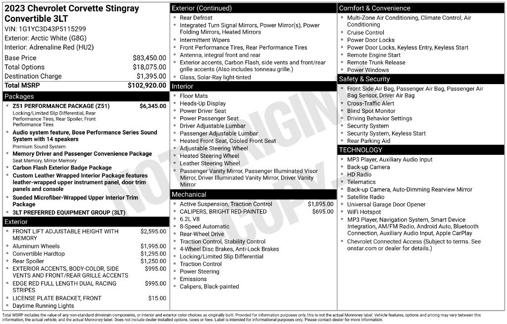 Used 2023 Chevrolet Corvette Stingray Premium Conv w/ Z51 Performance Package RWD image 59