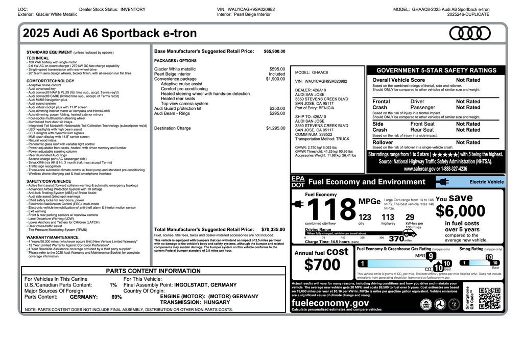Used 2025 Audi A6 e-tron Premium w/ Convenience Package RWD image 2