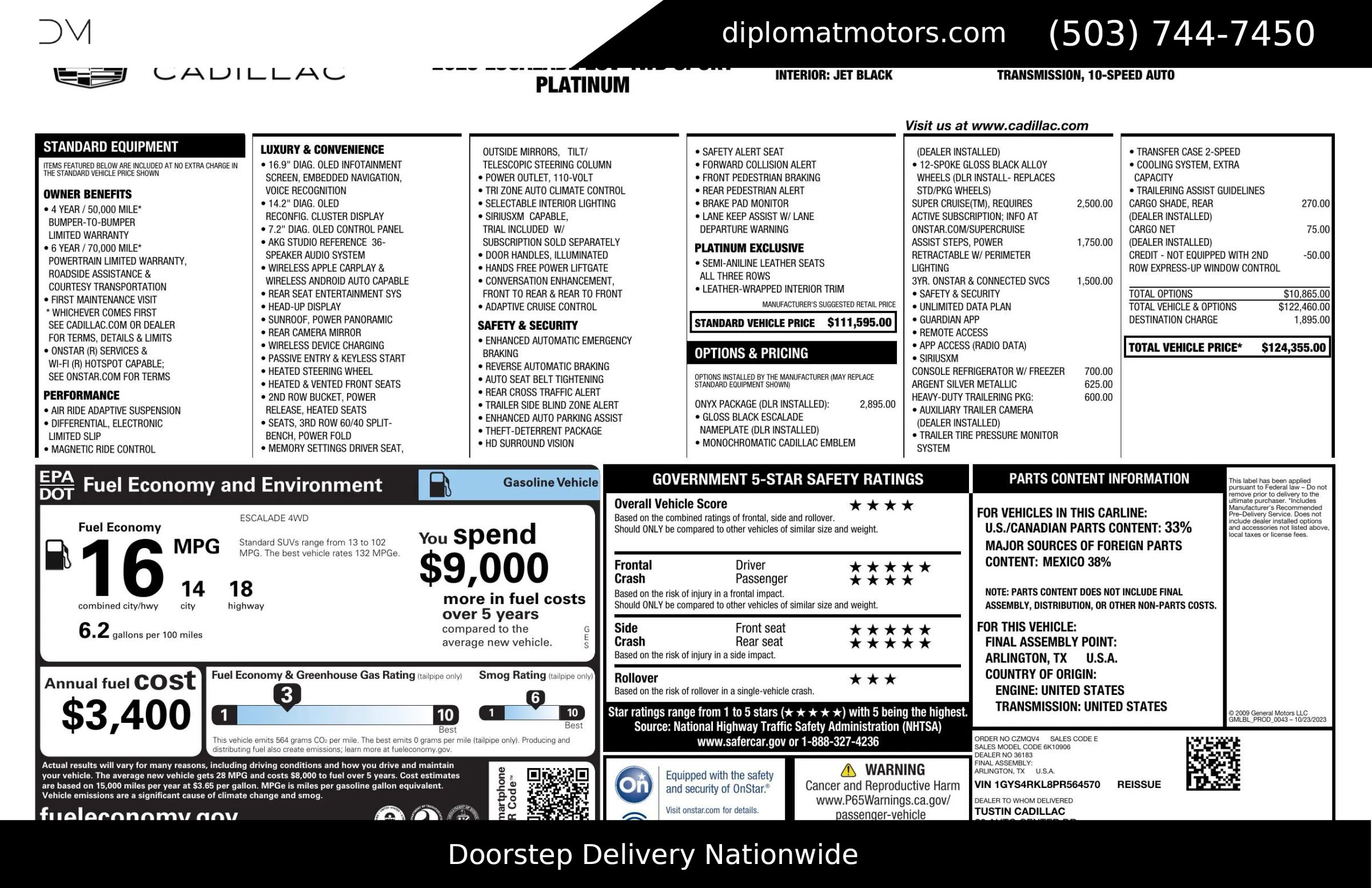 Used 2023 Cadillac Escalade ESV Sport Platinum w/ LPO, ONYX Package image 2