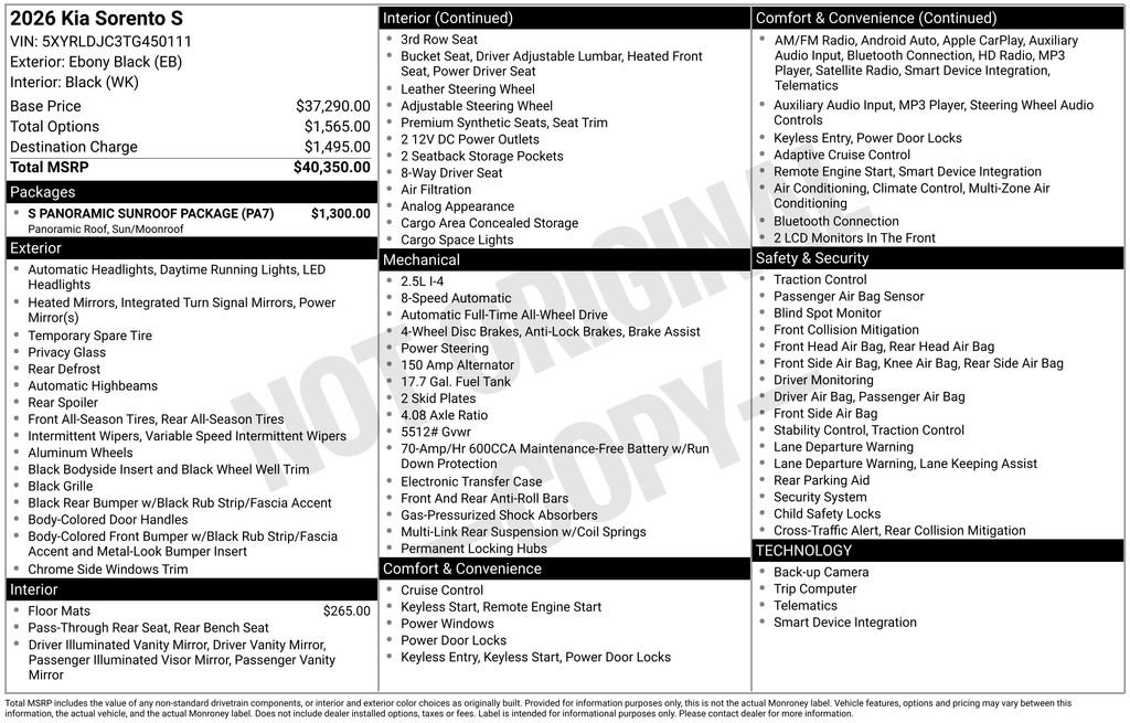 New 2026 Kia Sorento S w/ S Panoramic Sunroof Package AWD/4WD image 11