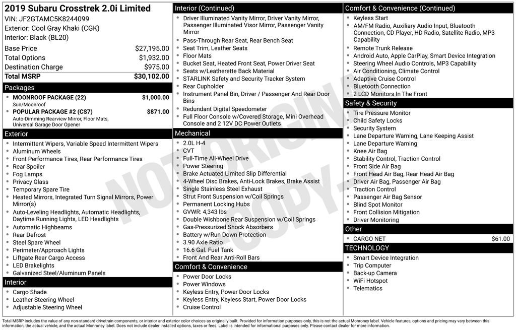 Used 2019 Subaru Crosstrek 2.0i Limited w/ Moonroof Package image 38