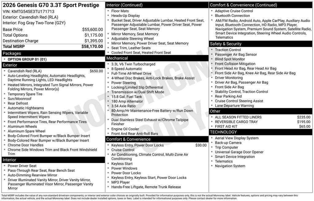 New 2026 Genesis G70 3.3T Sport Prestige AWD/4WD image 3