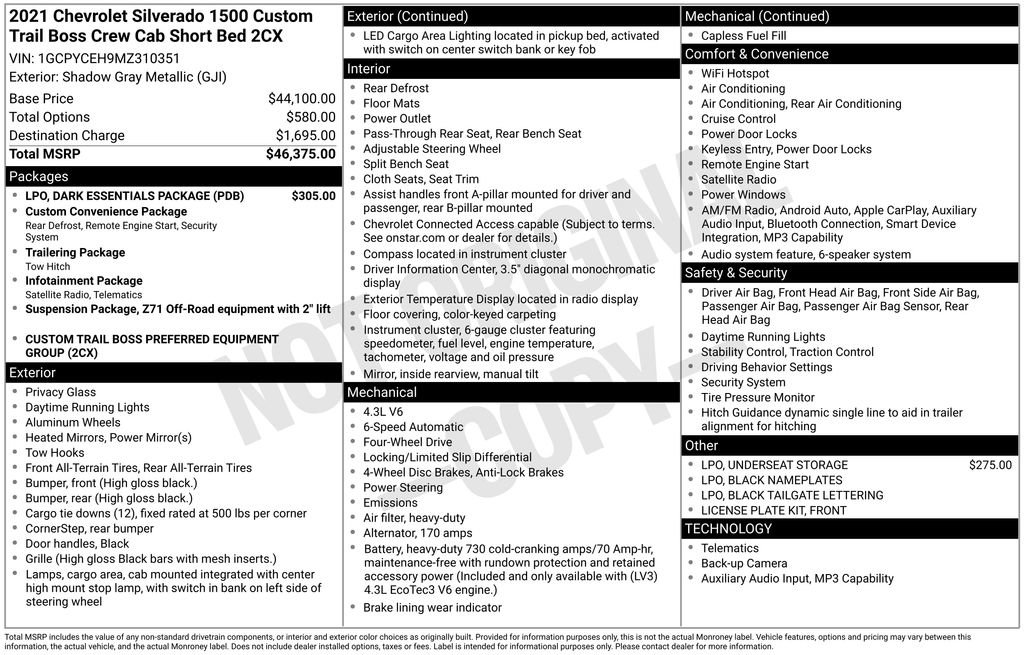 Used 2021 Chevrolet Silverado 1500 Custom Trail Boss w/ LPO, Dark Essentials Package AWD/4WD image 10