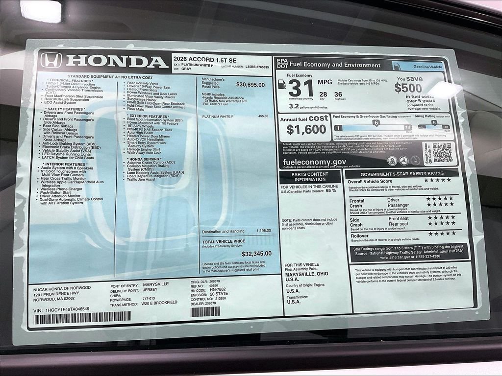 New 2026 Honda Accord SE image 18
